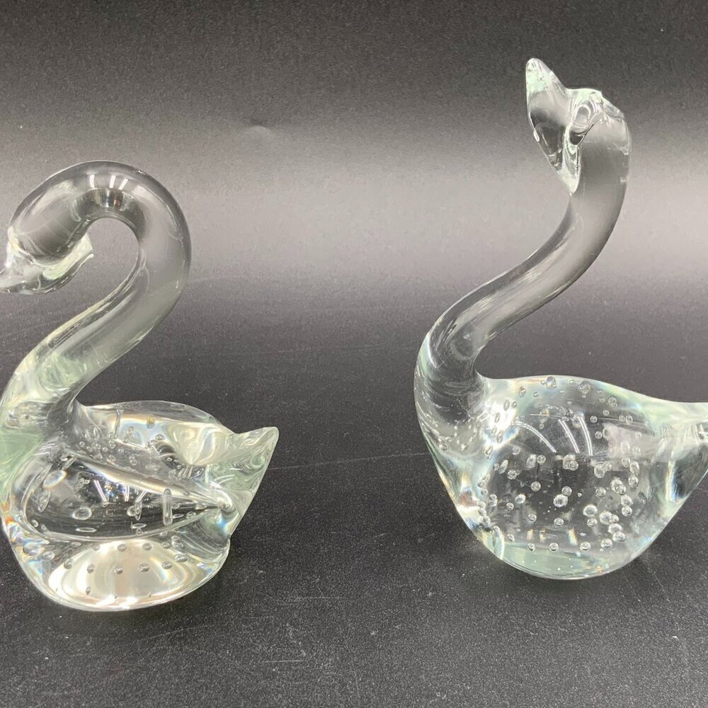 Pair of Art Glass Swan Paperweights Controlled Bubbles Polished Bottoms